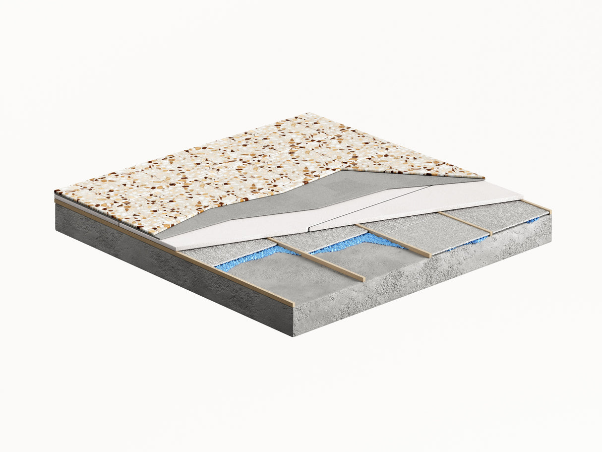 Sezione pavimento con pannelli, coperture e mattonelle