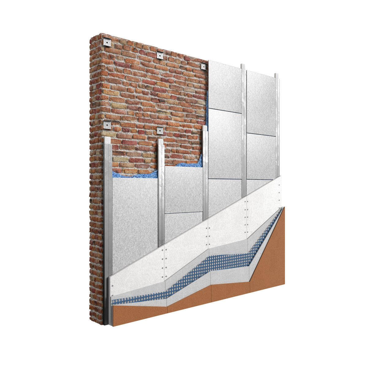 Sezione di facciata in mattoni con i pannelli isolanti, lastre in cartongesso e intonaco