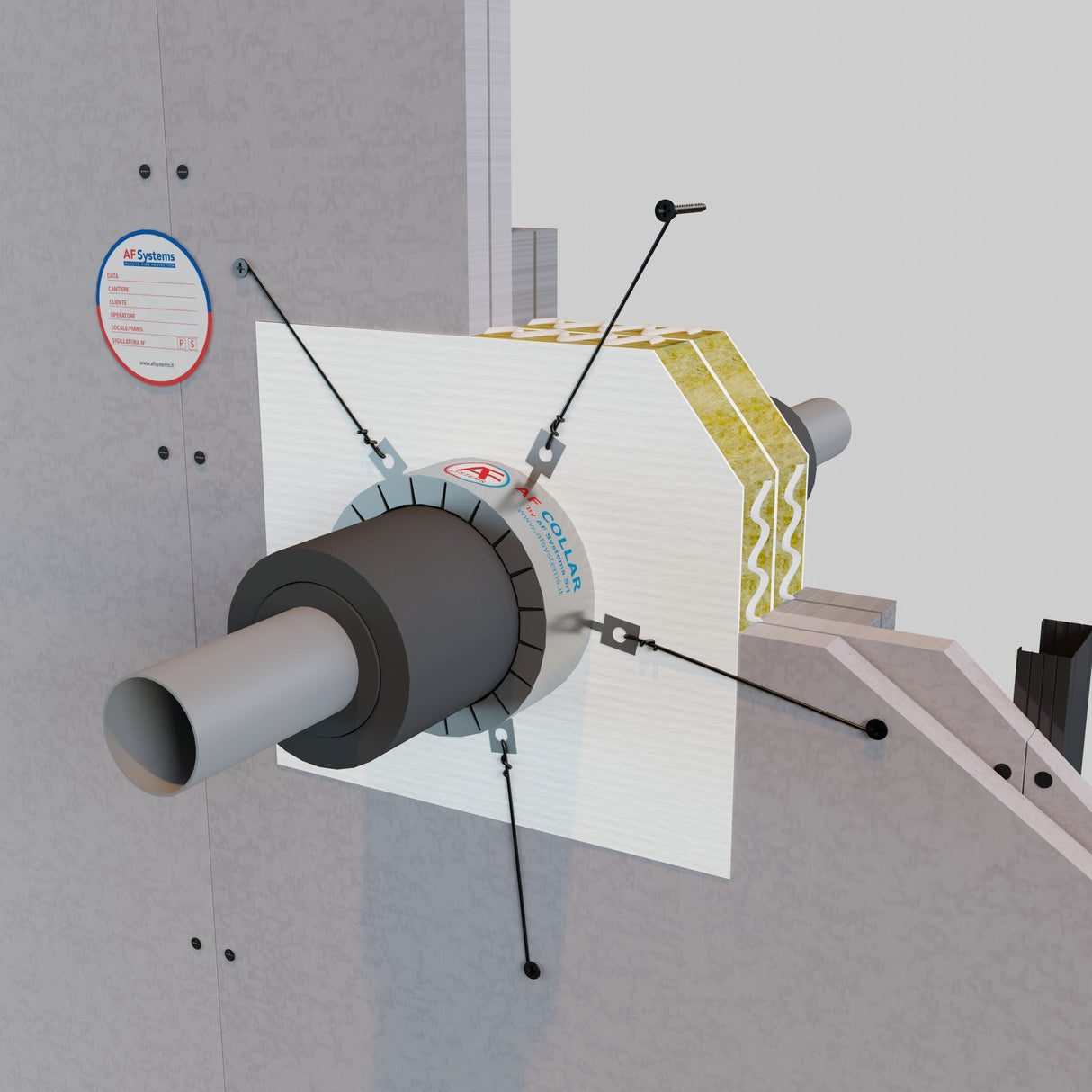 Collare Anticendio Af collar su tubo Metallico Coibentato con attraversamento ad Asola Setto