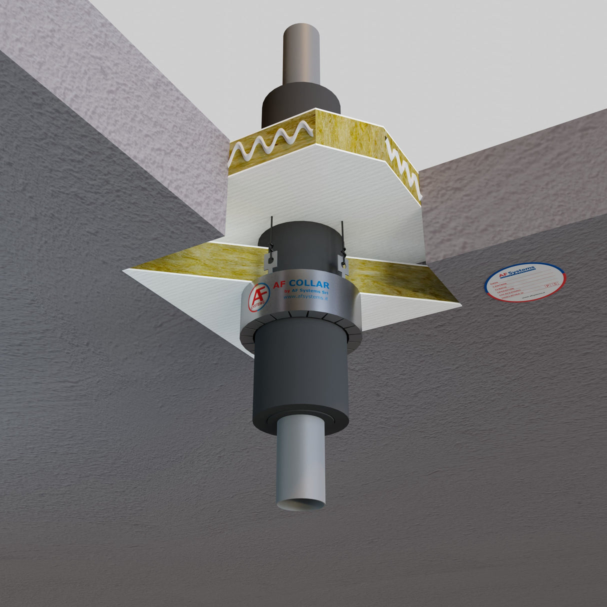 Collare Tagliafuoco Af collar su tubo Metallico Coibentato su Solaio ad Asola