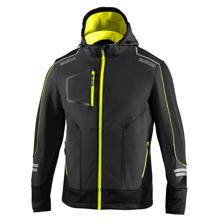 giacca softshell anti vento e impermeabile grigio scuro e giallo fluo