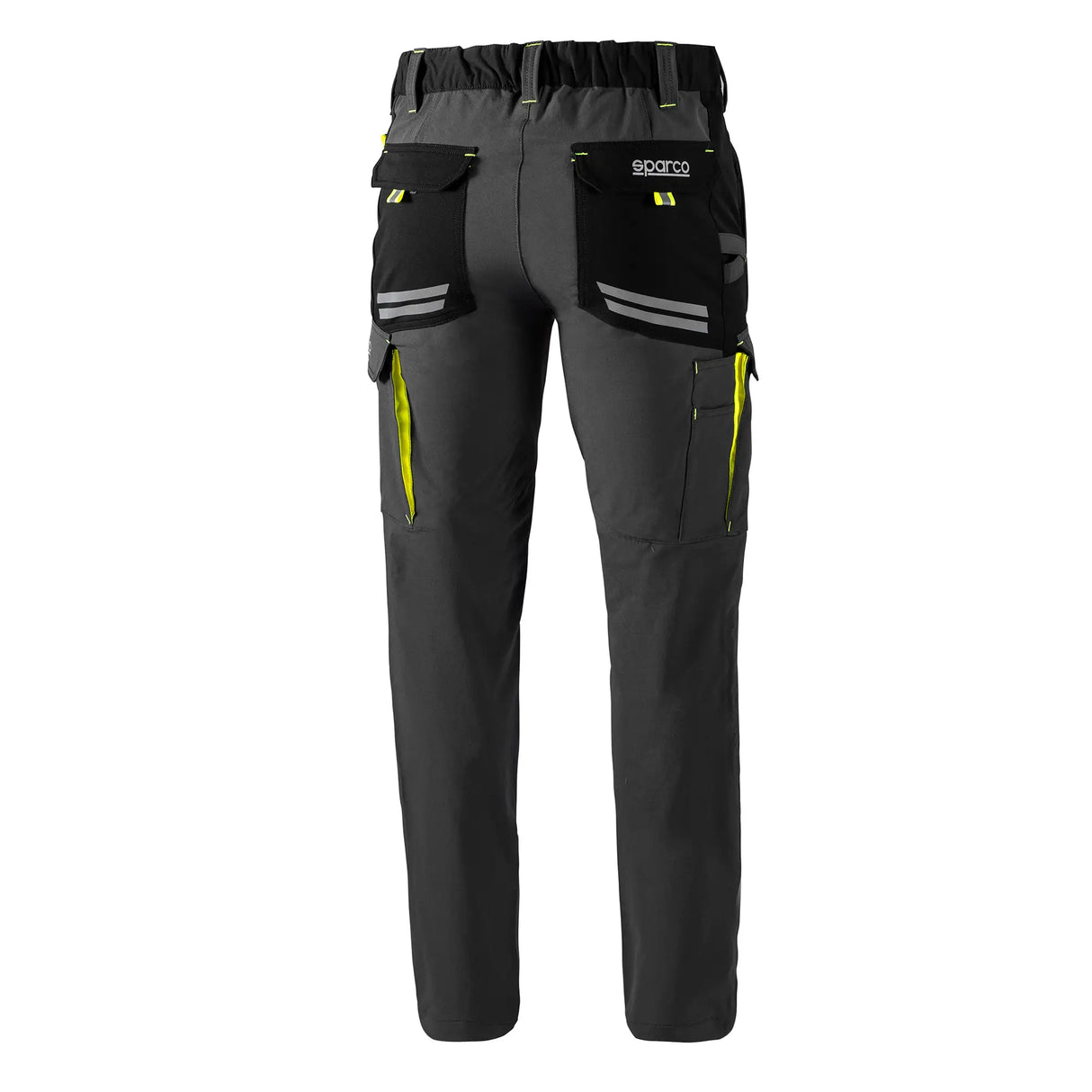 pantaloni da lavoro con tasche grigio scuro e dettagli giallo fluo