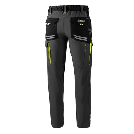 pantaloni da lavoro con tasche grigio scuro e dettagli giallo fluo