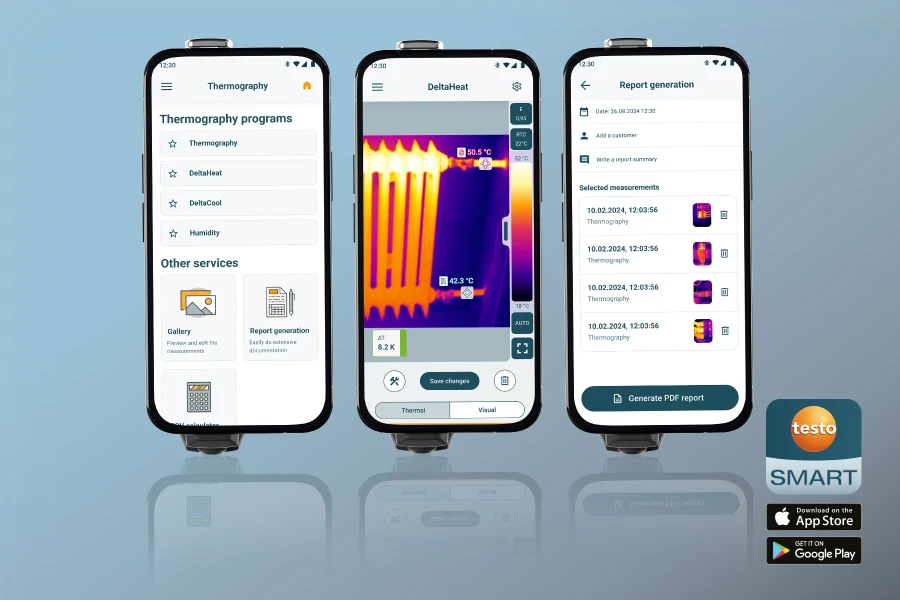 Screenshoot testo smart app con funzionalità, report e immagine termografica