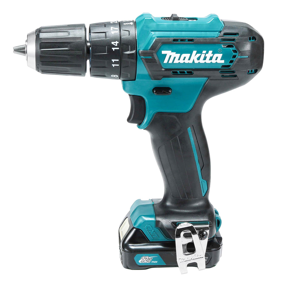 trapano avvitatore makita nero e teal visto di lato