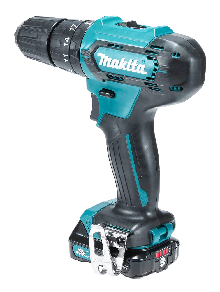 trapano avvitatore makita nero e teal visto da dietro