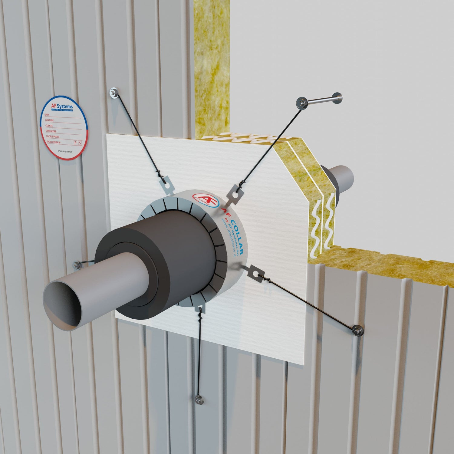 Collare Antifuoco Af Collar su tubo Metallico Coibentato con attraversamento ad Asola Sandwich