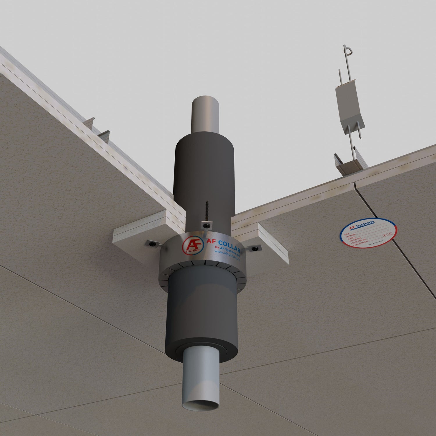 Collare Antincendio Af Collar su tubo Metallico Coibentato su Controsoffitto a membrana