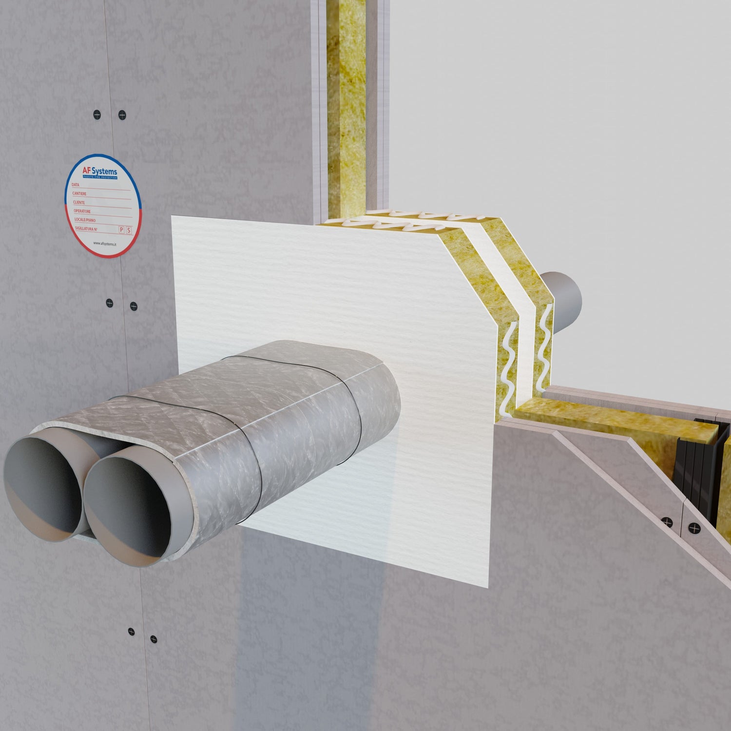 Materassino Antifuoco AF Pipeguard su tubo Metallico Nudo a Batteria su Parete Flessibile ad Asola con Panel