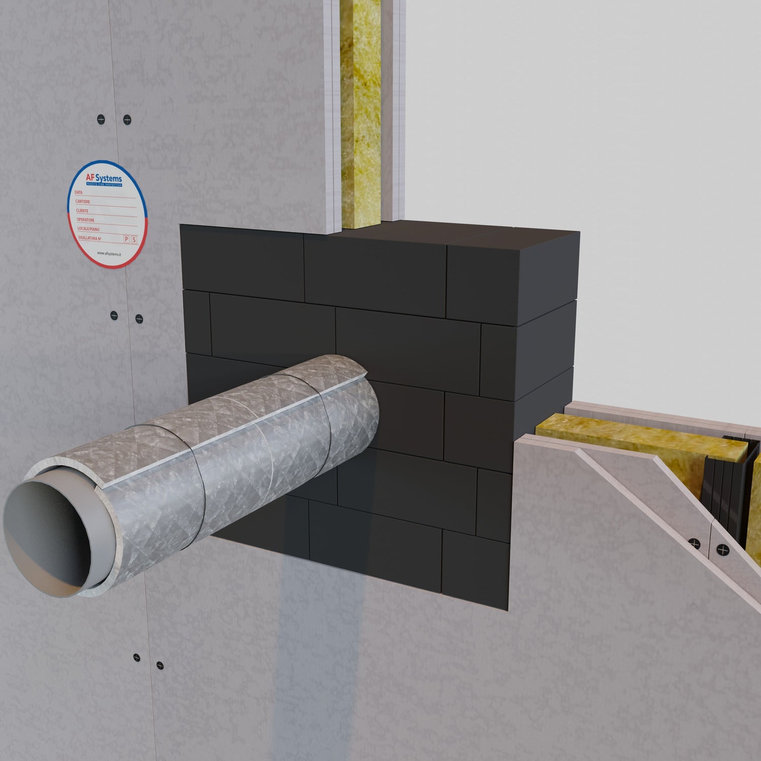 Materassino Antifuoco AF Pipeguard su tubo Metallico Nudo con Brick a Parete Flessibile