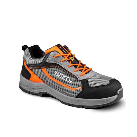 Scarpe antinfortunistiche grigie con lacci, dettagli arancioni e logo laterale