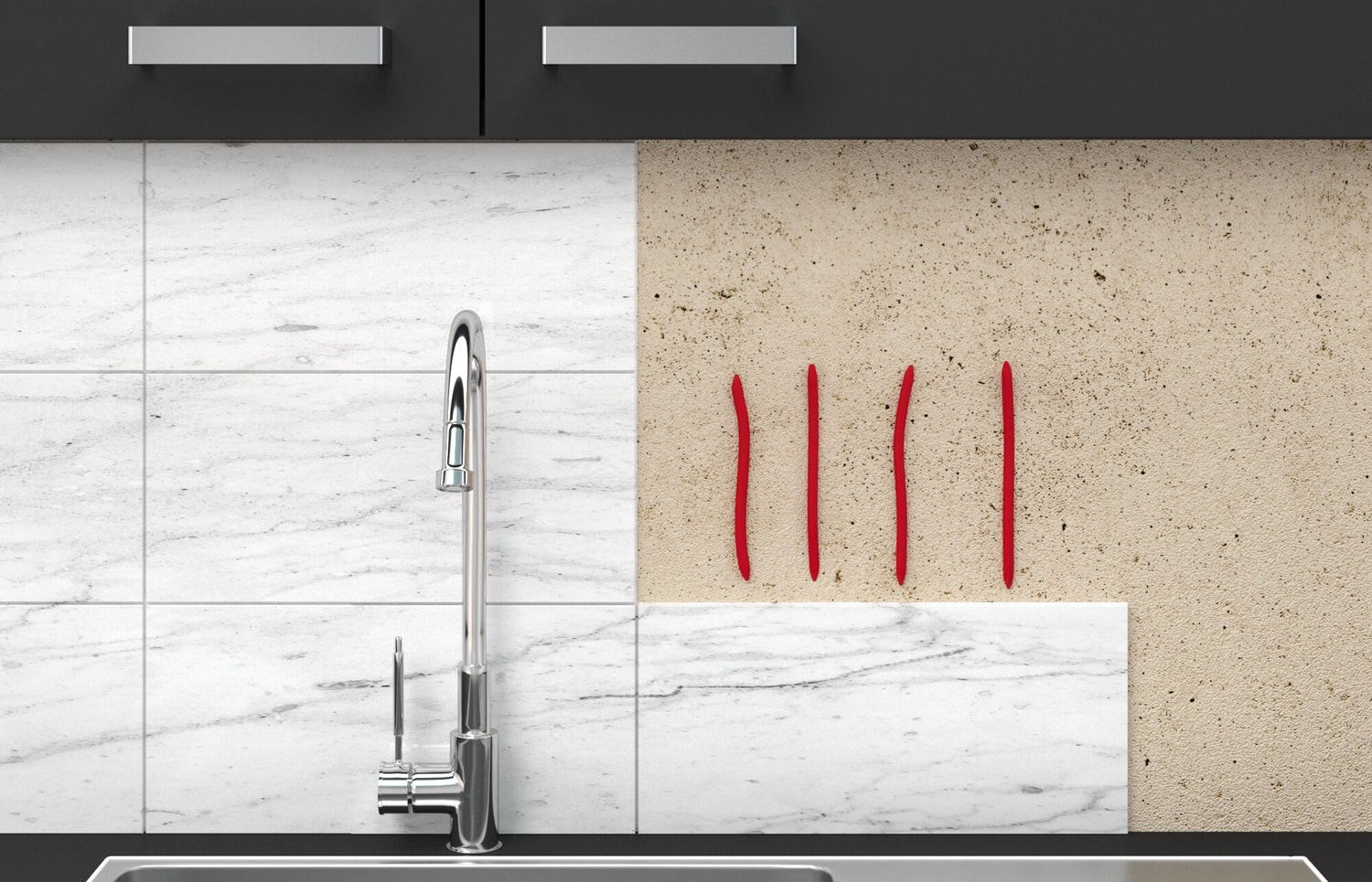 4 strisce di adesivo sigillante steso su muro per incollaggio piastrella